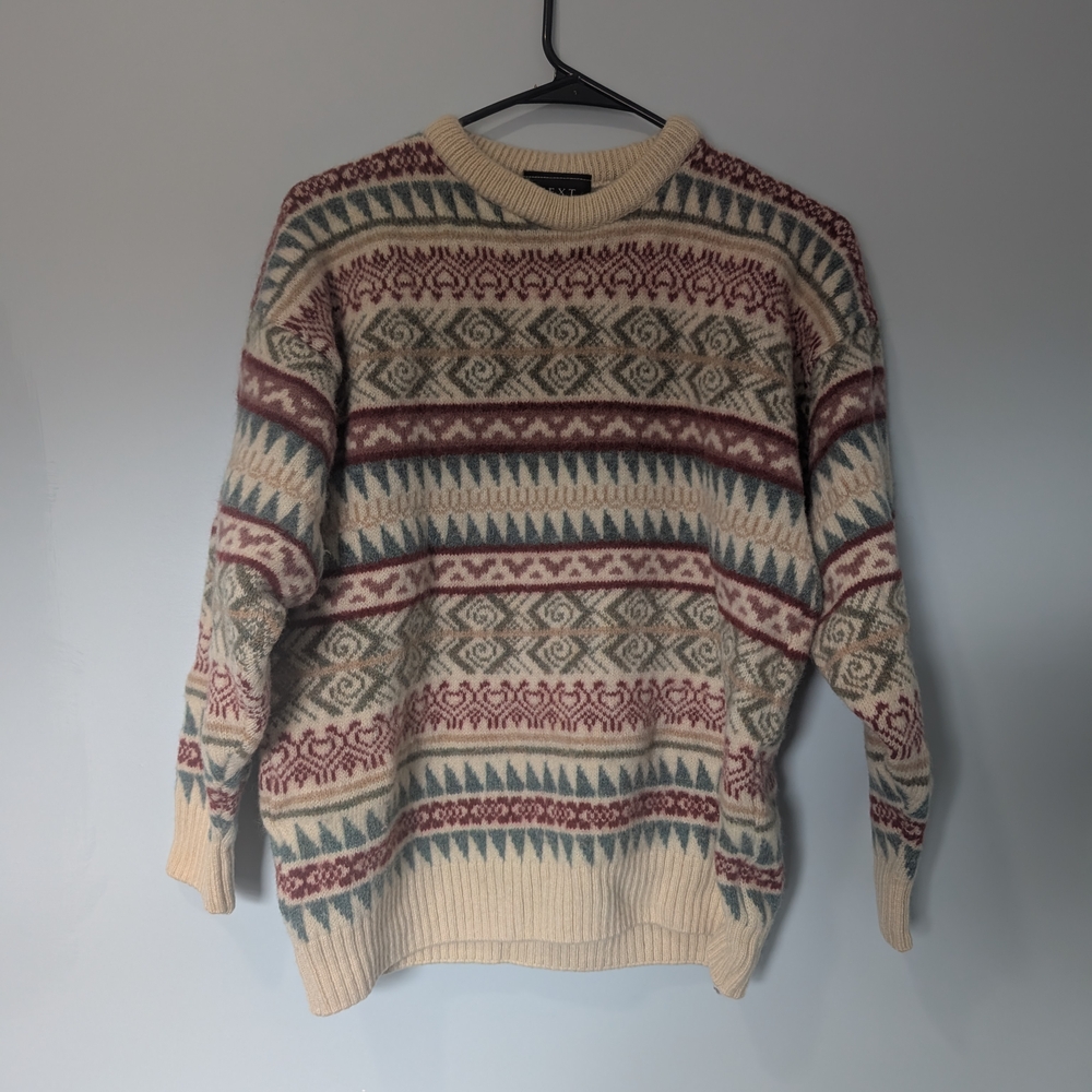 100% Wool - Next Cream and Red Crewneck Sweater with Fair Isle Patterns